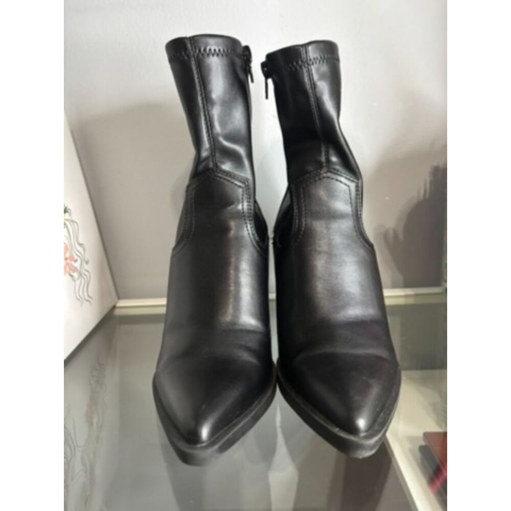 Black Faux Leather Block Heel Ankle Boots - Picture 4 of 5